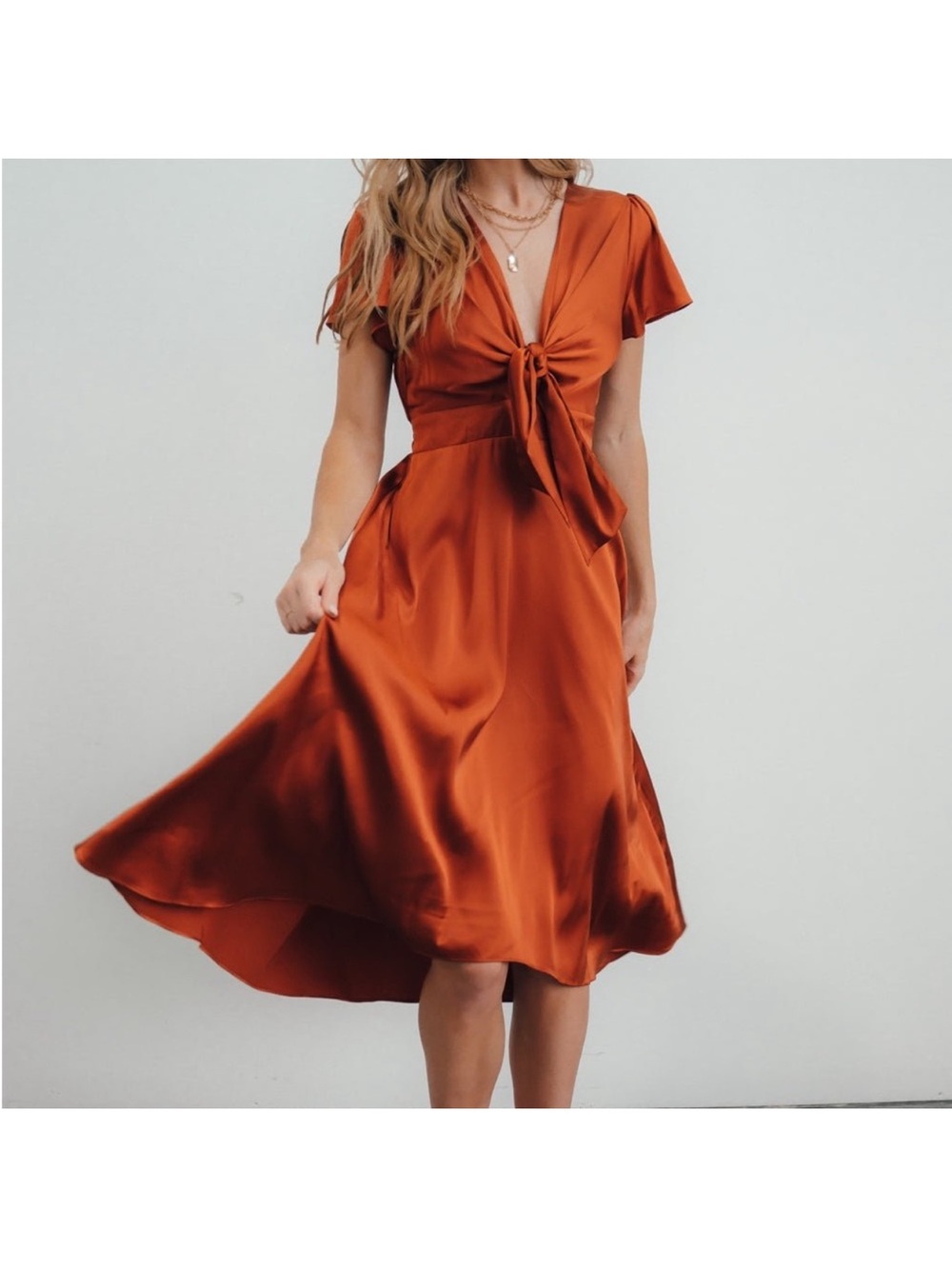 Baltic Born Rust Tie-Front Midi Poppy Satin Dress